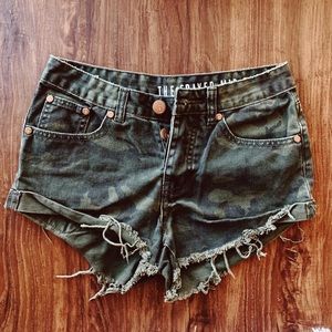 Camo Frayed Denim Shorts